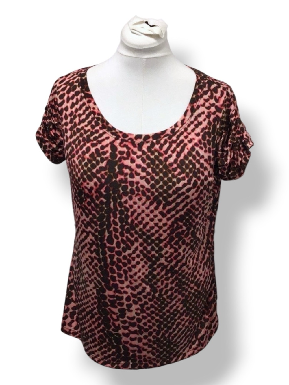 Worthington Stretch Women’s Short Sleeve Scoop Neck Animal Print Blouse, sz XL